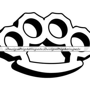 May include: Black and white illustration of a knuckle duster. The design features four finger holes and a curved base. The image has a 3D effect with shadows, and the text "DesignNightingale" is present.
