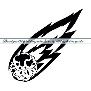 May include: A black and white illustration of a comet with a fiery tail. The comet is a round, rocky object with a textured surface.