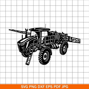 May include: Black and white illustration of a large agricultural sprayer. The sprayer has a cab, large wheels, a tank, and extended spray arms. The image is a vector graphic, suitable for various digital applications.