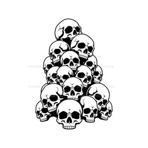 May include: A black and white graphic illustration featuring a pyramid-shaped stack of human skulls. The design consists of multiple skulls arranged in layers, with the text FOUNDRYSVG faintly visible in the background behind the skulls.
