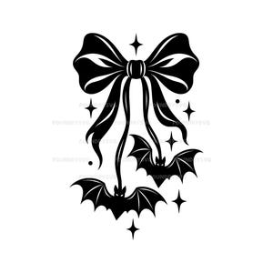 May include: A black graphic illustration featuring a large decorative bow with two long ribbons hanging down. Each ribbon ends with a small bat silhouette. The design is accented with several four-pointed star shapes and small dots.