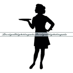 May include: Silhouette of a person in a dress holding a tray in their right hand.