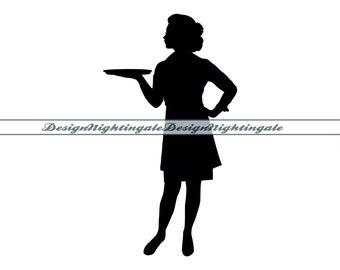 Waitress Silhouette SVG, Butler Holding Tray Clipart (Digital Files)