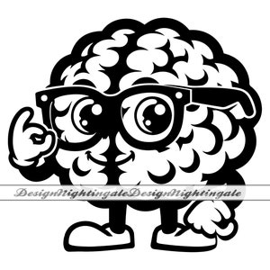 May include: Black and white cartoon illustration of a brain wearing glasses and giving the 'okay' hand gesture. The brain has a smiling face and is standing on two feet. The text "DesignNightingale" is at the bottom.