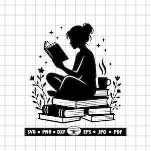 Przytulne czytanie SVG PNG DXF, Dziewczyna z książkami SVG, Mól książkowy dla Cricut i Laser
