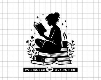 Lectura acogedora SVG PNG DXF, Niña con libros SVG, Ratón de biblioteca para Cricut y láser
