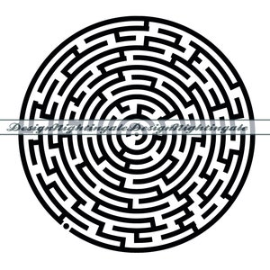 May include: Black and white circular maze with concentric circles and a central point.