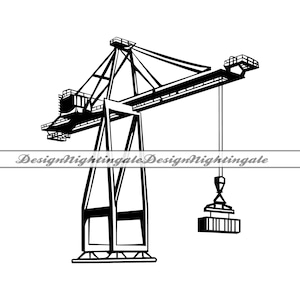 May include: Black and white illustration of a large industrial crane with a hook and a box hanging from it.