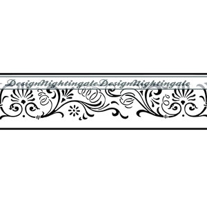 May include: Black and white decorative border with a floral design. The border features intricate swirls and leaves.