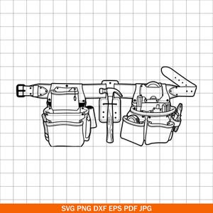 May include: Black and white line art illustration of a tool belt with multiple pouches, a hammer, and various tools. The belt has a buckle and is designed to be worn around the waist. The bottom of the image has the text "SVG PNG DXF EPS PDF JPG".