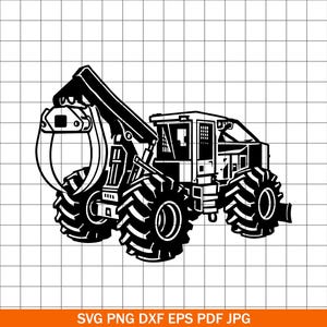 May include: Black and white illustration of a forestry harvester. The machine has large, rugged tires, a cab, and a grapple arm for grabbing logs. The image is a vector graphic, suitable for various applications.