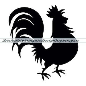 May include: Black silhouette of a rooster with a large comb and wattles. The rooster is facing right and has its tail feathers spread out.