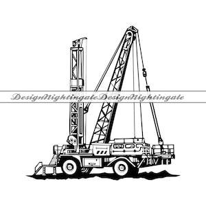 May include: Black and white line drawing illustration of a construction crane with a long arm and a drill bit attached to the end. The crane is on a truck chassis with four wheels.