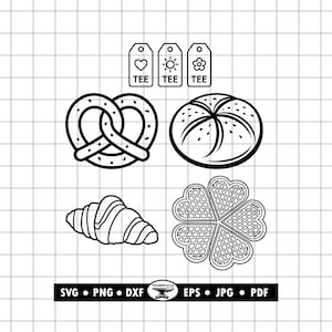 Pliki plotera: Herbata, precel, bułka Kaiser, rogalik, gofry, SVG, PNG, DXF dla Cricut i Laser