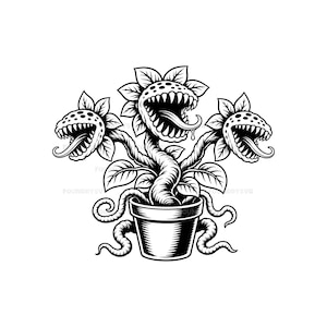 May include: A black and white graphic illustration of a potted plant with three heads. Each head features sharp teeth, a protruding tongue, and spotted petals. The plant has thick, textured stems and curling vines extending from the base of the pot.