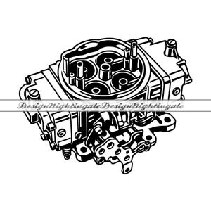 Può includere: Illustrazione in bianco e nero di un carburatore, componente chiave del motore. L'immagine mostra il design intricato con vari tubi, camere e punti di montaggio. Il testo "DesignNightingale" è presente.