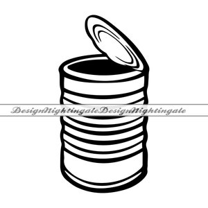 May include: A black and white line drawing of an open can with a lid. The can has a ribbed texture and is empty.