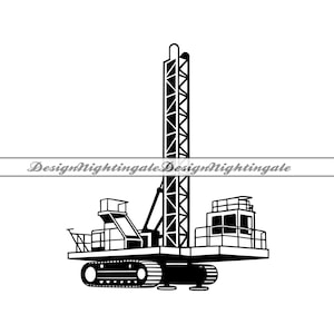 May include: Black and white illustration of a drilling rig with a tall tower and a large platform. The rig is on tracks and has a large drill bit.