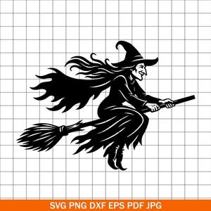 Witch SVG PNG DXF, Flying Witch Silhouette Cut File, Halloween Witch on Broomstick Clipart, Cricut and Silhouette Vector Design