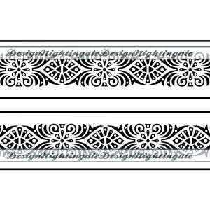 May include: Black and white decorative border with a repeating pattern of stylized flowers and geometric shapes. The border is designed to be used as a decorative element for crafts, scrapbooking, and other creative projects.