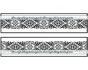 May include: Black and white decorative border with a repeating pattern of stylized flowers and geometric shapes. The border is designed to be used as a decorative element for crafts, scrapbooking, and other creative projects.