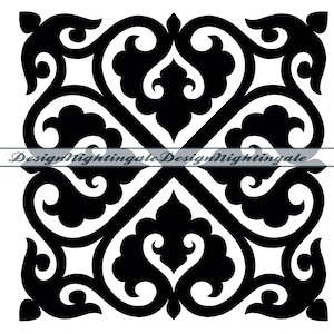 May include: Black and white intricate design with a repeating pattern of stylized floral shapes. The design is symmetrical and has a traditional feel.