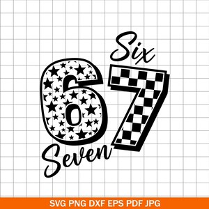 Pu&ograve; includere: Design grafico in bianco e nero con i numeri "6" e "7" e le parole "Six" e "Seven". Il numero "6" &egrave; riempito di stelle e il numero "7" ha un motivo a scacchiera. Il design &egrave; su uno sfondo a griglia.