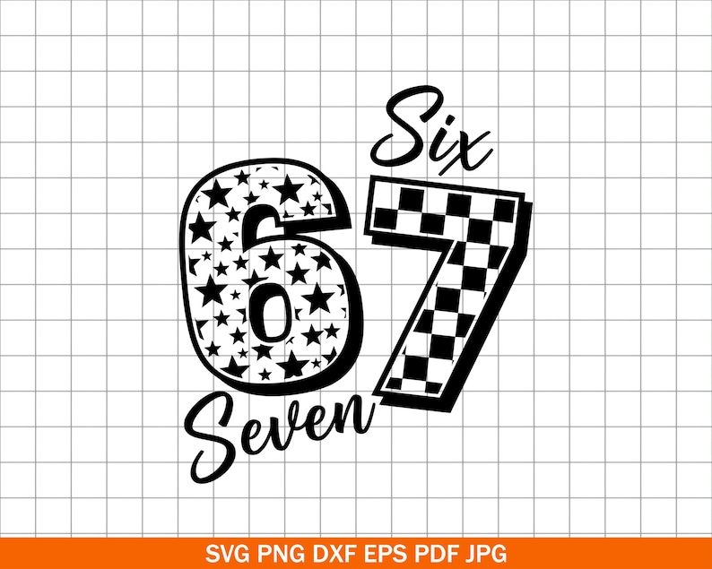 Pu&ograve; includere: Design grafico in bianco e nero con i numeri "6" e "7" e le parole "Six" e "Seven". Il numero "6" &egrave; riempito di stelle e il numero "7" ha un motivo a scacchiera. Il design &egrave; su uno sfondo a griglia.