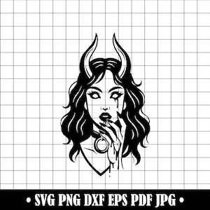 Devil Girl SVG PNG DXF, Dark Female Silhouette Clipart, Gothic Horned Woman Cut File for Cricut and Silhouette, Tattoo Vector Art