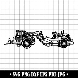 May include: Black and white illustration of a scraper, a heavy construction vehicle. The scraper has a blade, large wheels, and a cab. The image is a vector graphic, suitable for various digital projects. The bottom of the image includes the text: SVG PNG DXF EPS PDF JPG.