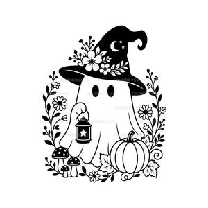 May include: A black and white graphic illustration of a ghost wearing a witch hat adorned with flowers. The ghost holds a lantern and stands beside a pumpkin and mushrooms, all framed by a decorative floral wreath with the text FOUNDRYSVG.