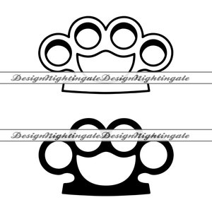 May include: Black and white line art illustration of a brass knuckle weapon. The weapon has four holes on the top and two holes on each side.
