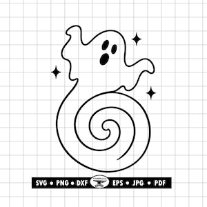 May include: A black and white digital graphic of a ghost with a swirling tail and three four-pointed stars. The ghost has an oval mouth and two oval eyes. Below the graphic, a black rectangular bar contains the text SVG, PNG, DXF, EPS, JPG, PDF.