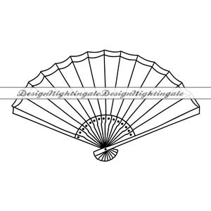 May include: A black and white line drawing of a traditional folding fan. The fan is closed and has a decorative design on the handle.