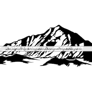May include: Black and white silhouette of a mountain range with a jagged peak. The mountain range is drawn in a simple, stylized way, with a focus on the shape of the peaks.