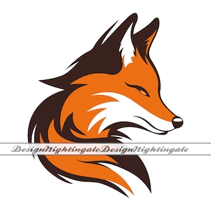 May include: A stylized illustration of a fox's head in orange and brown. The fox is looking to the right and has a white stripe on its face.