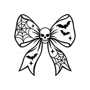 May include: A black and white graphic illustration of a bow featuring a central skull. The design includes patterns of spider webs, flying bats, and four-pointed stars distributed across the loops and tails of the bow, rendered in bold lines.