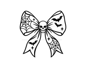 Skull Bow SVG: Gothic Halloween Ribbon Cut File with Bats and Spiderwebs