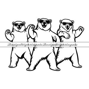 Peut inclure: Trois ours polaires noirs et blancs portant des lunettes de soleil et debout en rang. Les ours sont tournés vers l'avant et ont les bras levés dans un geste joueur.