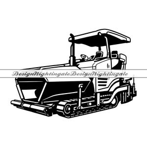 Puede incluir: Ilustración en blanco y negro de una máquina de pavimentación de carreteras con una cabina y orugas.