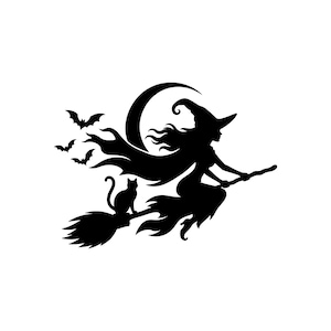 May include: A black silhouette decal featuring a witch wearing a pointed hat and a flowing cape, riding a broomstick. A cat sits on the broom handle behind the witch. A crescent moon is in the background, and three small bats fly to the left.