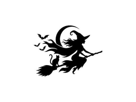 Flying Witch SVG, Wicked Witch on Broomstick with Cat Cut File