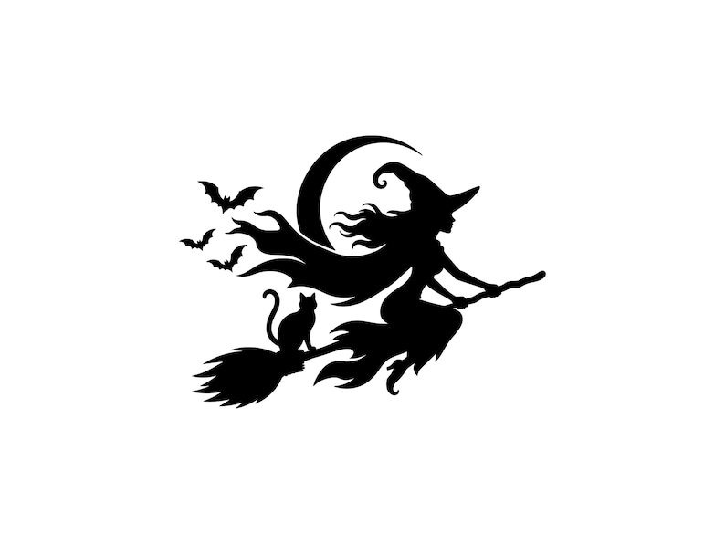 May include: A black silhouette decal featuring a witch wearing a pointed hat and a flowing cape, riding a broomstick. A cat sits on the broom handle behind the witch. A crescent moon is in the background, and three small bats fly to the left.