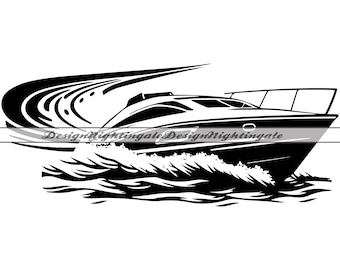 May include: A black and white illustration of a speedboat cutting through the water, leaving a wake behind it.