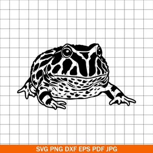 May include: Black and white illustration of a Pacman frog. The frog has a rounded body with a spotted pattern and large eyes. The image is on a grid background. The bottom of the image has the text: SVG PNG DXF EPS PDF JPG.