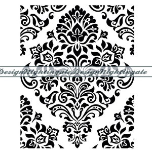 May include: Black and white damask pattern with a repeating floral design. The pattern is symmetrical and features intricate details.