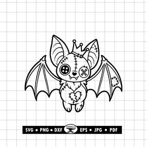 May include: A black and white digital illustration of a bat wearing a small crown. The bat features stitched details, a button eye, an X-shaped eye, and a heart-shaped patch on its chest. Below the bat, a black bar contains the text SVG, PNG, DXF, EPS, JPG, PDF.
