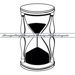 May include: A black and white hourglass with a classic design. The hourglass is filled with sand and is a symbol of time.