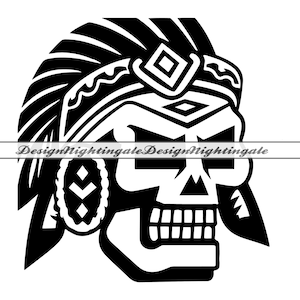May include: Black and white illustration of a skull wearing a headdress with feathers and geometric patterns.