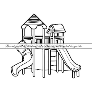 May include: Black and white line drawing of a children's playground structure with a slide and a tower. The tower has a roof and a ladder.